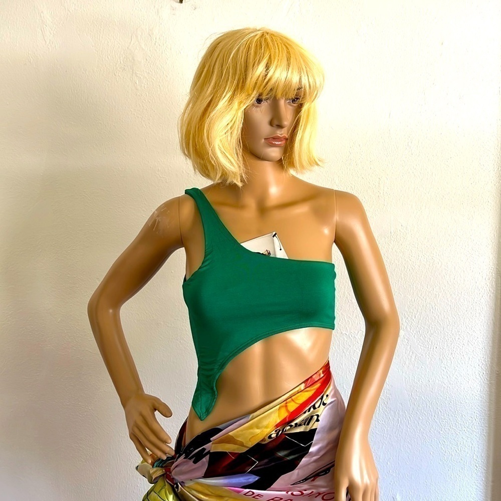 Naked Wardrobe Kelly Green Smooth Side One Shoulder Crop Top Size S